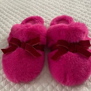 Auden Pink Fuzzy Slippers with Red Velvet Bow